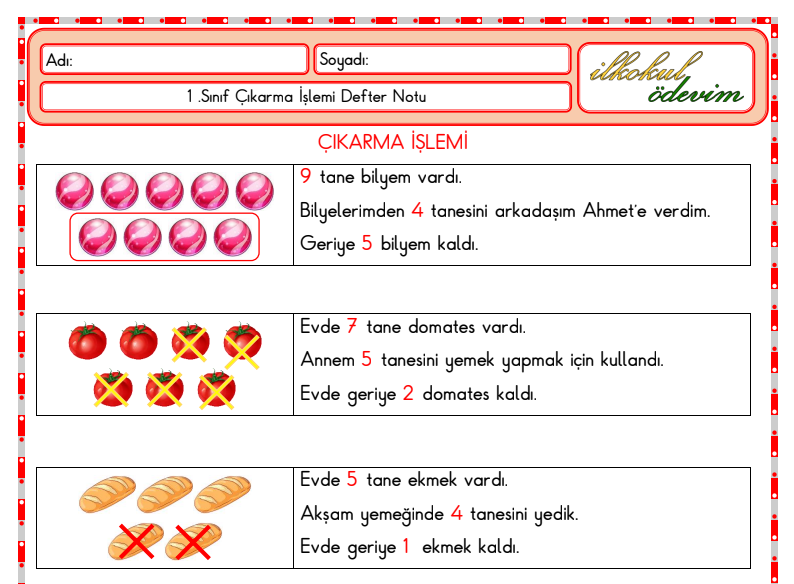 1. sınıf çıkarma işlemi