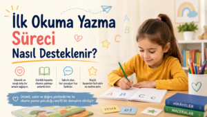 İlokuma yazma öğrenen çocuğuna yardım eden anne ve masadaki materyaller.