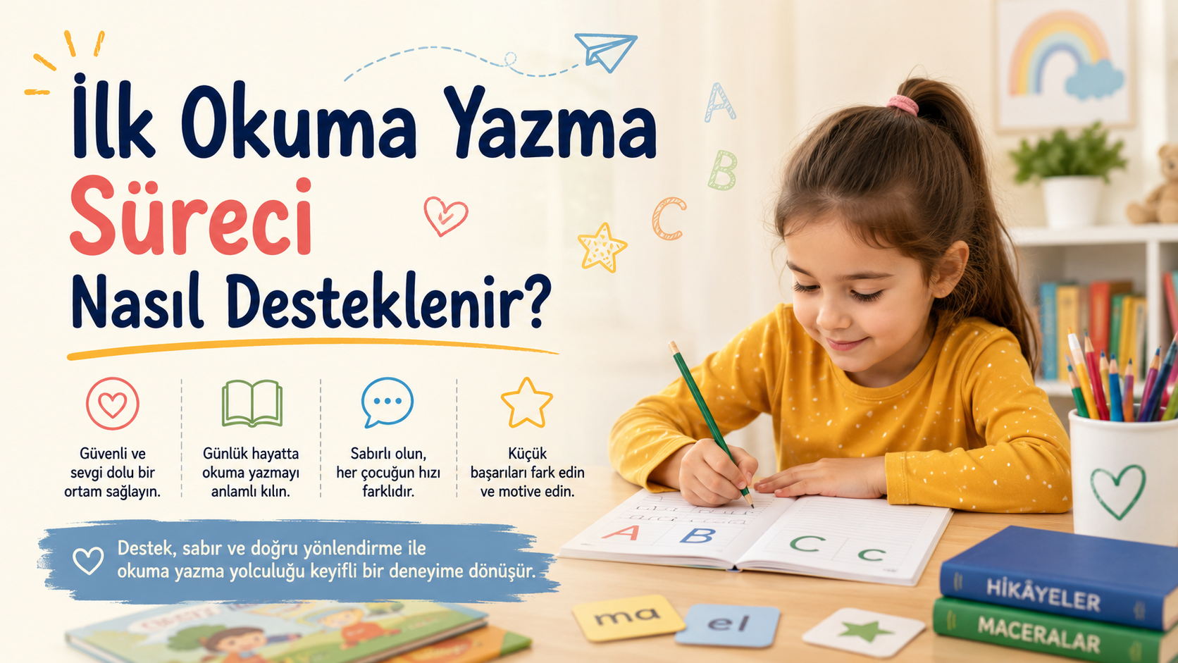 İlkokuma yazma öğrenen çocuğuna yardım eden anne ve masadaki materyaller.